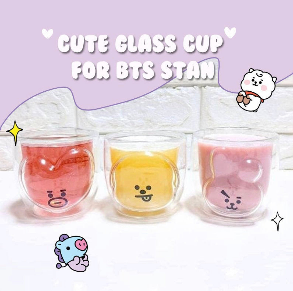 BTS BT21 K-Pop Korean Characters Inspired Cute Double-layered Glass Cup